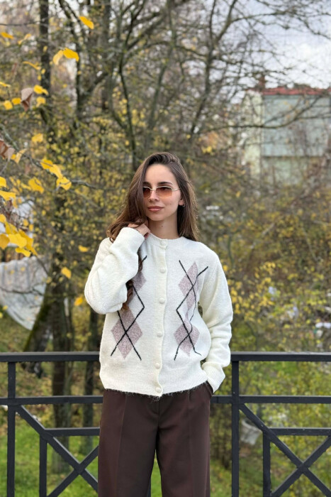 RHOMBUS DESIGN SIMPLE WOMEN CARDIGAN CREAM/KREM - 2