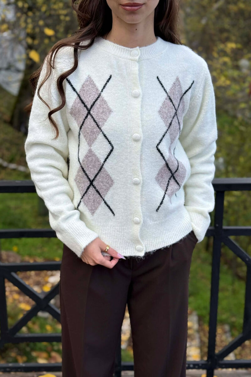 RHOMBUS DESIGN SIMPLE WOMEN CARDIGAN CREAM/KREM - 4