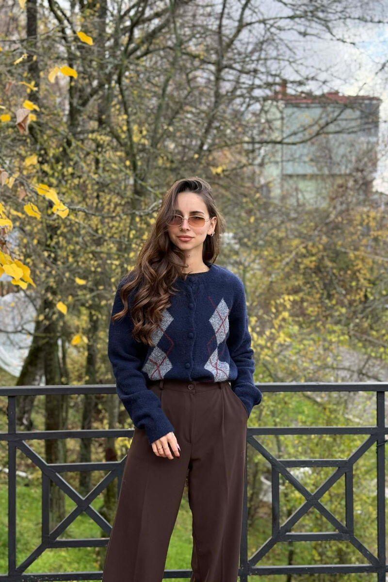 RHOMBUS DESIGN SIMPLE WOMEN CARDIGAN DARK BLUE/BEE - 2