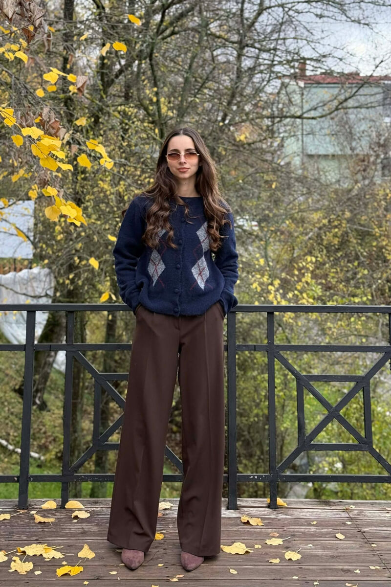 RHOMBUS DESIGN SIMPLE WOMEN CARDIGAN DARK BLUE/BEE - 4