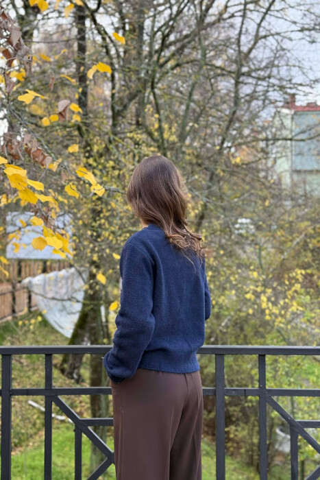 RHOMBUS DESIGN SIMPLE WOMEN CARDIGAN DARK BLUE/BEE - 5