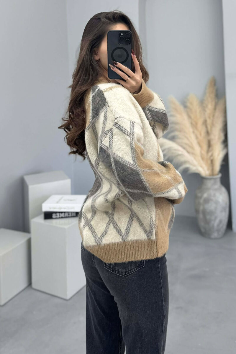 RHOMBUS DESIGN SIMPLE WOMEN SWEATER BEIGE/BEZHE - 3