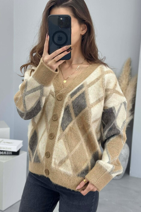 RHOMBUS DESIGN SIMPLE WOMEN SWEATER BEIGE/BEZHE - 4
