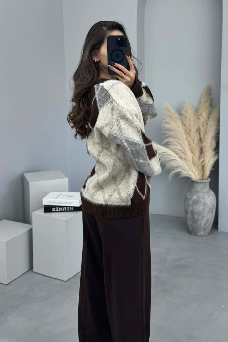 RHOMBUS DESIGN SIMPLE WOMEN SWEATER BROWN/KAFE - 3