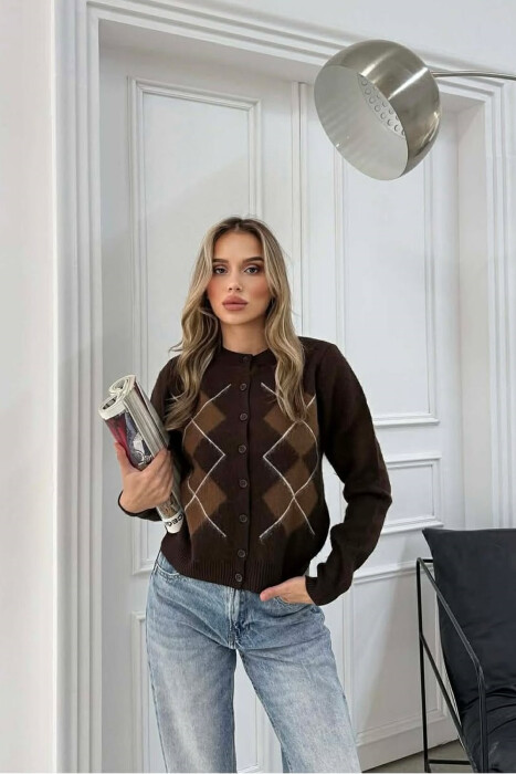 RHOMBUS DESIGN SIMPLE WOMEN SWEATER DARK BROWN/KAE - KLAUDIO FASHION