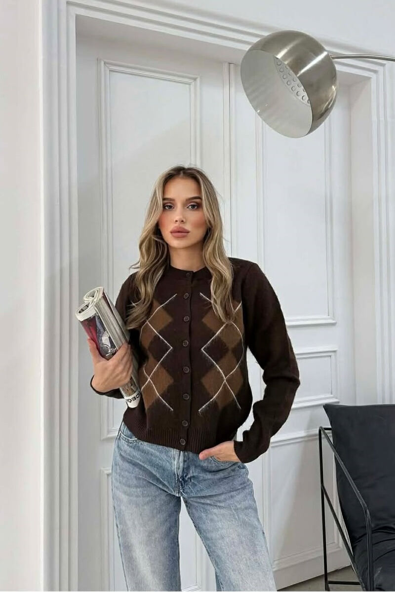 RHOMBUS DESIGN SIMPLE WOMEN SWEATER DARK BROWN/KAE - 1