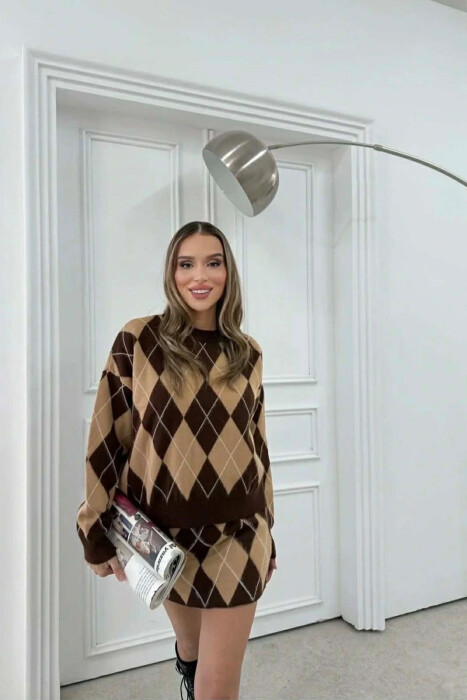 RHOMBUS DESIGN SWEATER+SKIRT WOMEN SET BROWN/KAFE 