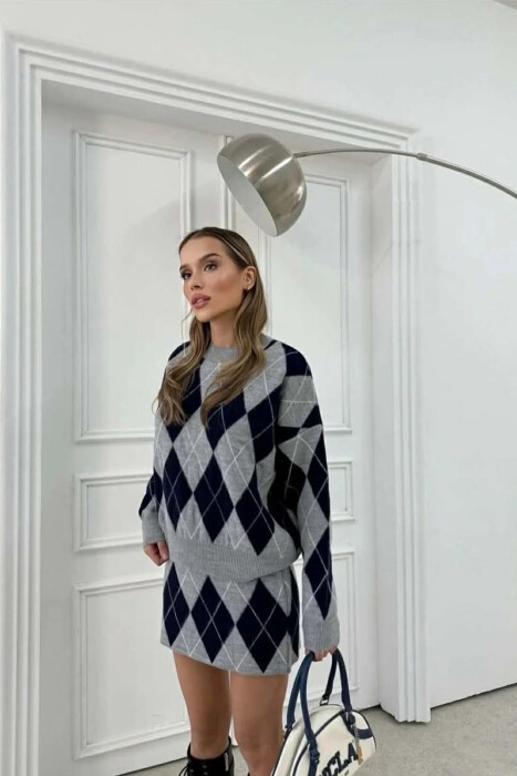 RHOMBUS DESIGN SWEATER+SKIRT WOMEN SET LIGHT GREY/GZ - 3