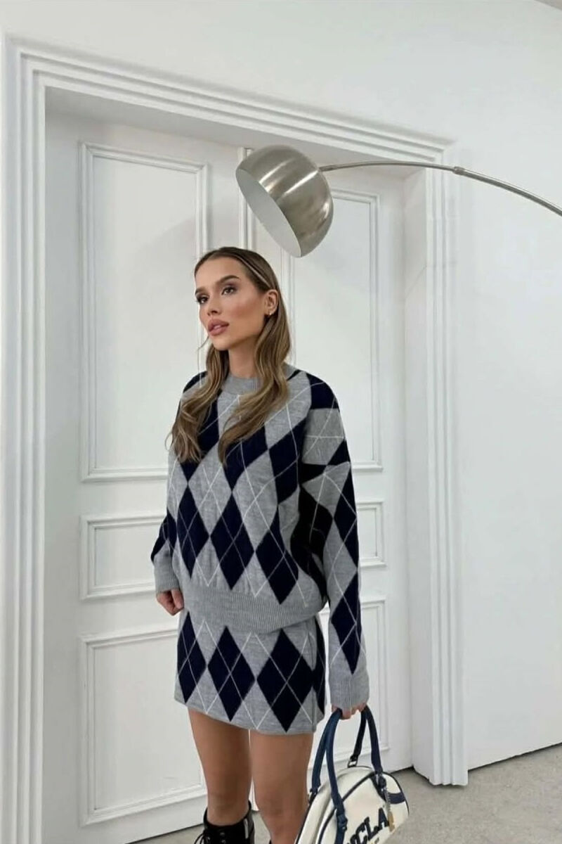 RHOMBUS DESIGN SWEATER+SKIRT WOMEN SET LIGHT GREY/GZ - 3