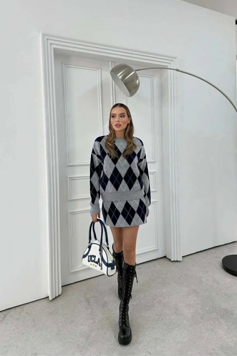 RHOMBUS DESIGN SWEATER+SKIRT WOMEN SET LIGHT GREY/GZ - 4