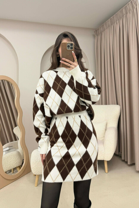 RHOMBUS DESIGN SWEATER+SKIRT WOMEN SET WHITE-E BARDHE - 2