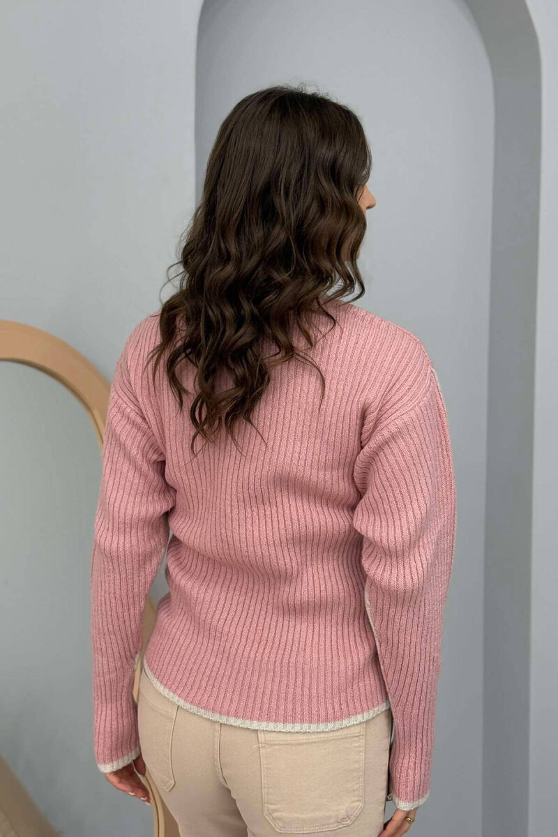 RHOMBUS DESIGN V NECK WOMEN SWEATER BABY PINK/ROZB - 3