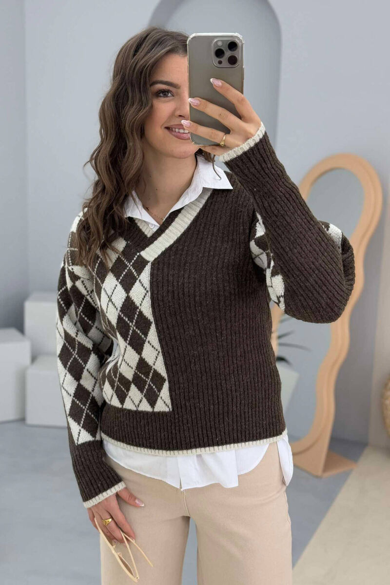 RHOMBUS DESIGN V NECK WOMEN SWEATER DARK BROWN/KAE - 4