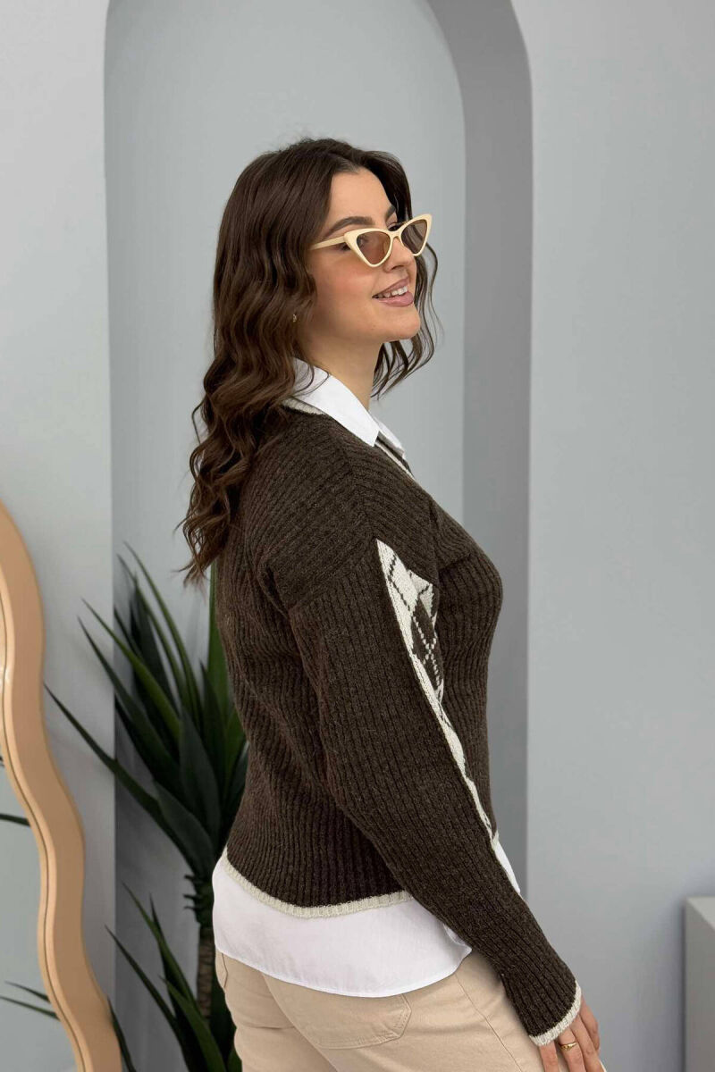 RHOMBUS DESIGN V NECK WOMEN SWEATER DARK BROWN/KAE - 5