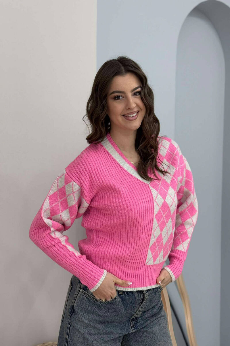RHOMBUS DESIGN V NECK WOMEN SWEATER PINK/ROZE - 4