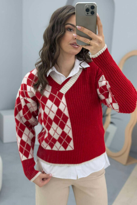 RHOMBUS DESIGN V NECK WOMEN SWEATER RED/E KUQE 