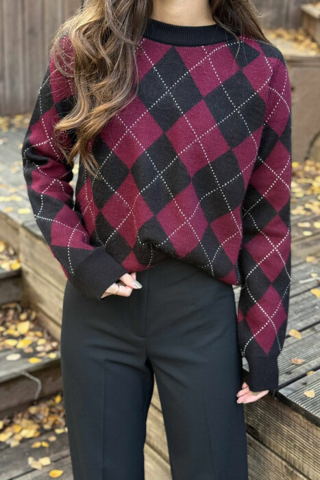 RHOMBUS DESIGN WOMEN SWEATER BLACK-BURGUNDY/ZEVI - 4