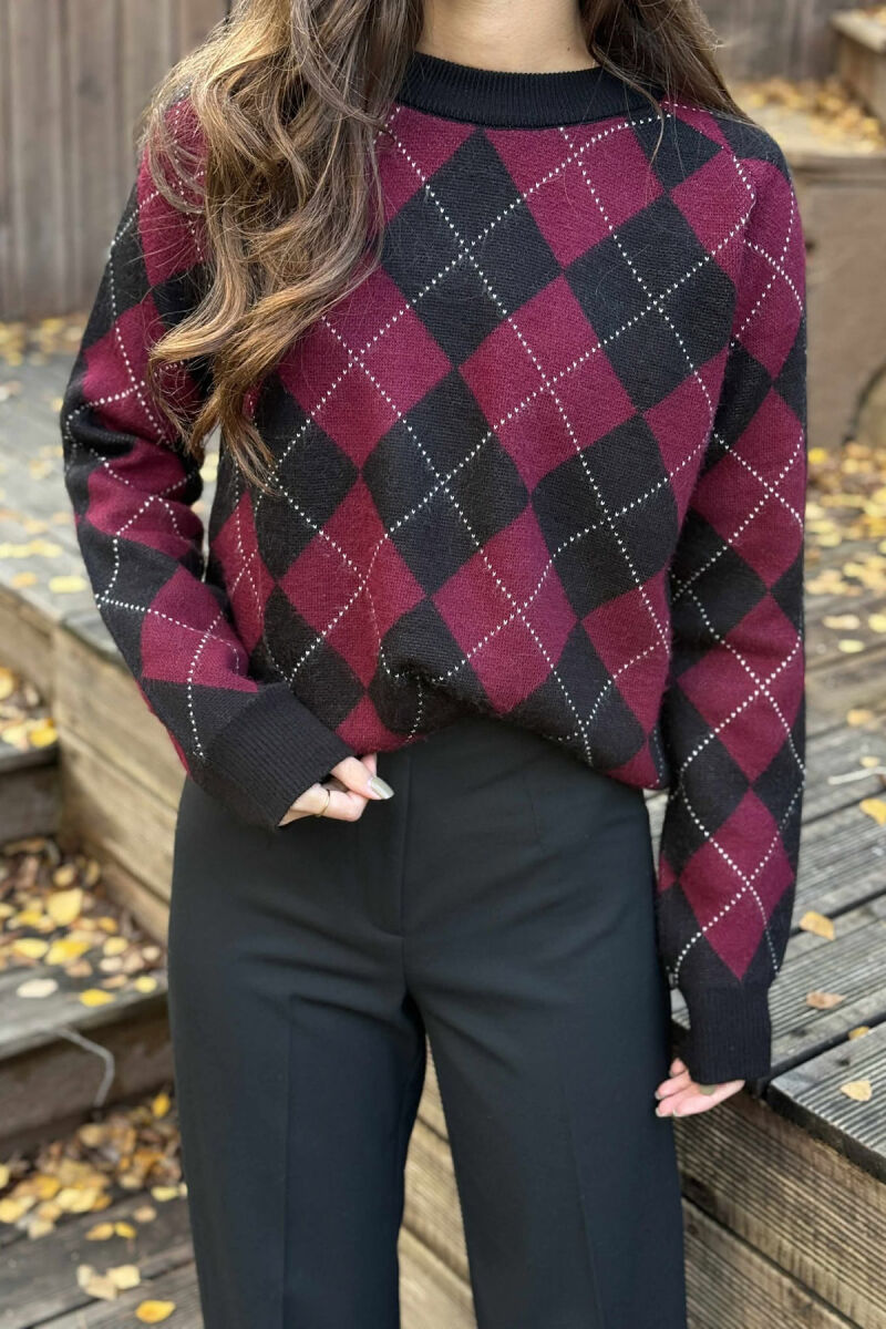 RHOMBUS DESIGN WOMEN SWEATER BLACK-BURGUNDY/ZEVI - 4