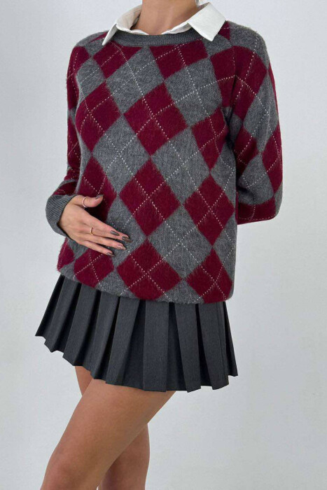 RHOMBUS DESIGN WOMEN SWEATER BURGUNDY/VISHNJE - 3