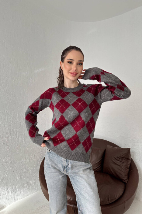 RHOMBUS DESIGN WOMEN SWEATER BURGUNDY/VISHNJE - 2