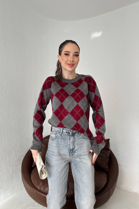 RHOMBUS DESIGN WOMEN SWEATER BURGUNDY/VISHNJE - 4