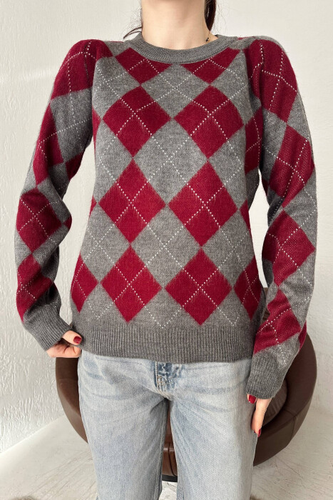 RHOMBUS DESIGN WOMEN SWEATER BURGUNDY/VISHNJE - 5