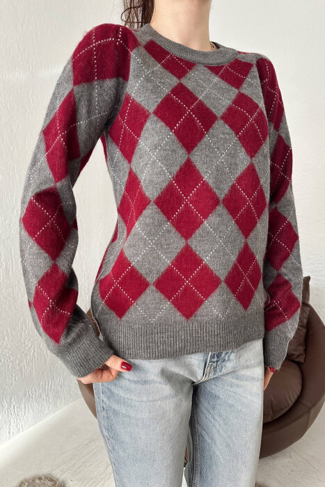 RHOMBUS DESIGN WOMEN SWEATER BURGUNDY/VISHNJE - 6