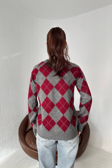 RHOMBUS DESIGN WOMEN SWEATER BURGUNDY/VISHNJE - 7