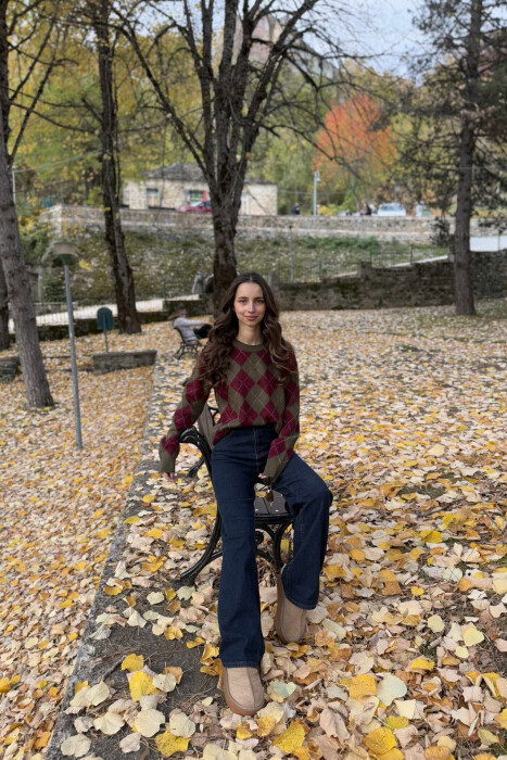 RHOMBUS DESIGN WOMEN SWEATER GREEN-BURGUNDY/JEVI 