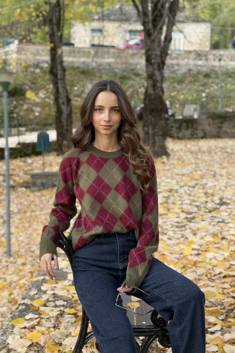 RHOMBUS DESIGN WOMEN SWEATER GREEN-BURGUNDY/JEVI - 2