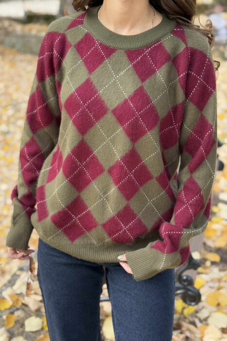 RHOMBUS DESIGN WOMEN SWEATER GREEN-BURGUNDY/JEVI - 4