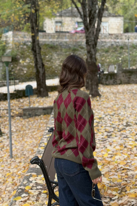 RHOMBUS DESIGN WOMEN SWEATER GREEN-BURGUNDY/JEVI - 3