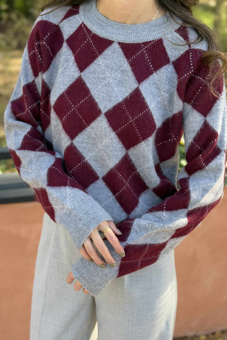 RHOMBUS DESIGN WOMEN SWEATER GREY-BURGUNDY/GRVI - 4