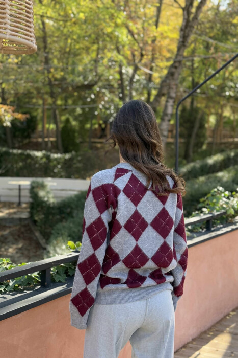 RHOMBUS DESIGN WOMEN SWEATER GREY-BURGUNDY/GRVI - 3