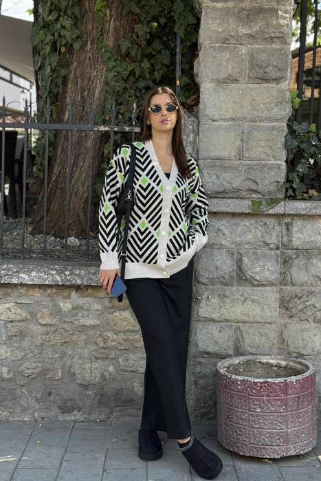 RHOMBUS DESIGNS SIMPLE WOMEN CARDIGAN BLACK+LIGHT GREEN/ZEZA+JEZB 