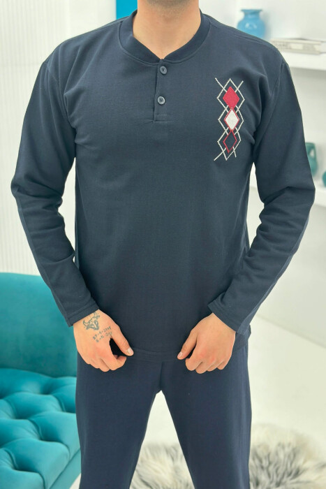 RHOMBUS LOGO SWEATSHIRT+SWEATPANTS MEN PYJAMAS DARK BLUE/BEE - 4