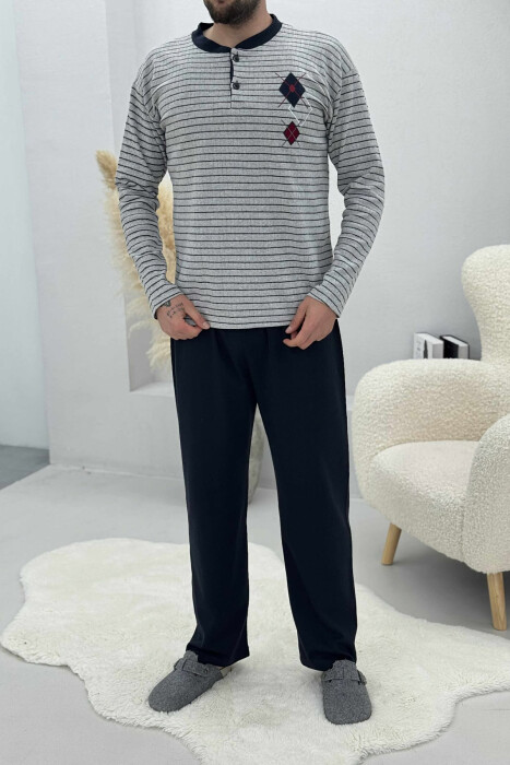 RHOMBUS STRIPED SWEATSHIRT+SWEATPANTS MEN PYJAMAS LIGHT GREY/GZ - KLAUDIO FASHION