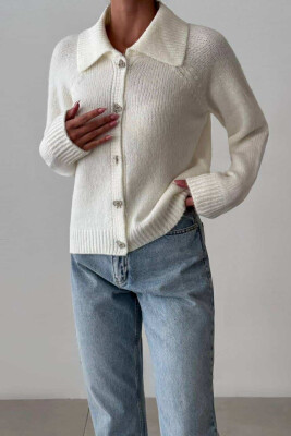 RIBBON BUTTONS DETAIL ONE COLOR WOMEN CARDIGAN WHITE-E BARDHE 