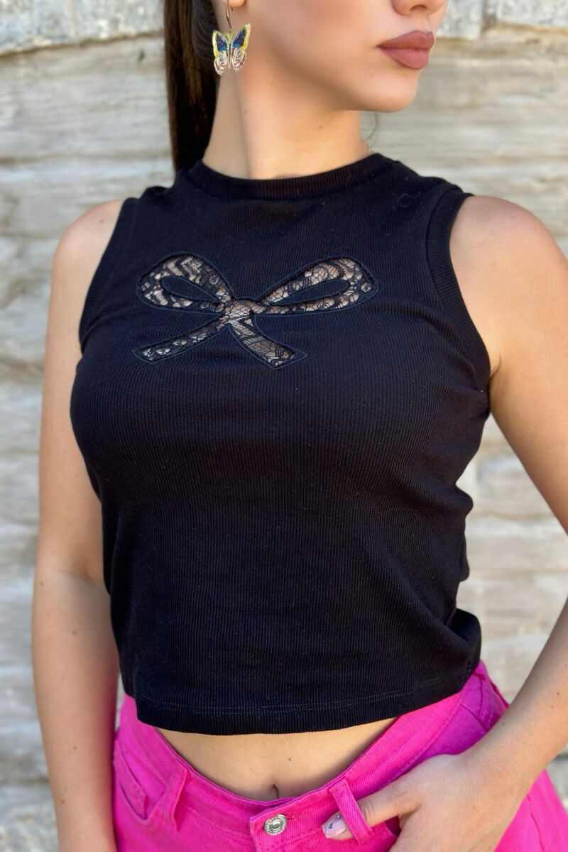 RIBBON CHEST DESIGN WOMEN TANK TOP BLACK/ E ZEZE - 2