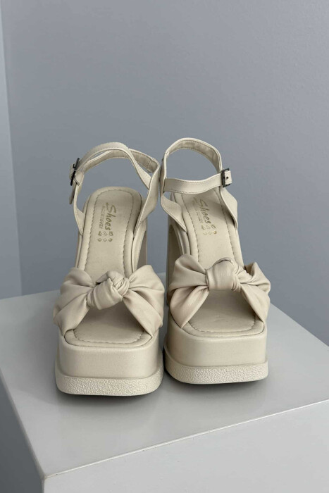 RIBBON DETAIL HIGH HEEL WOMEN SANDALS CREAM/KREM - 4