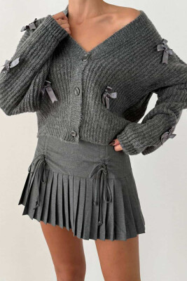 RIBBON DETAILS KNITTED WOMEN CARDIGAN GREY/GRI 