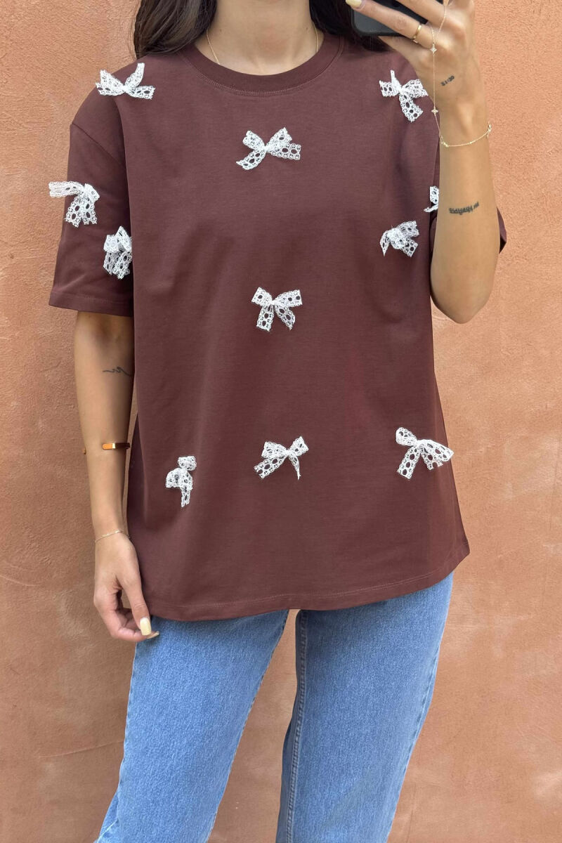 RIBBON DETAILS ONE COLOR WOMEN T-SHIRT BROWN/KAFE - 3
