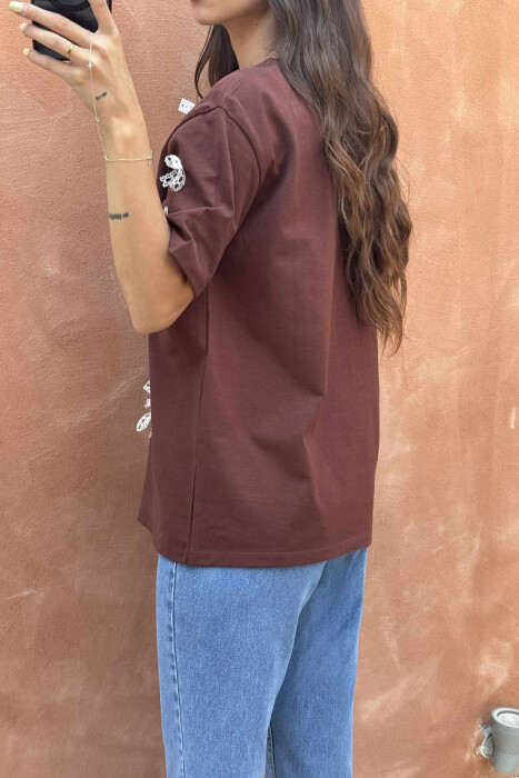 RIBBON DETAILS ONE COLOR WOMEN T-SHIRT BROWN/KAFE - 4