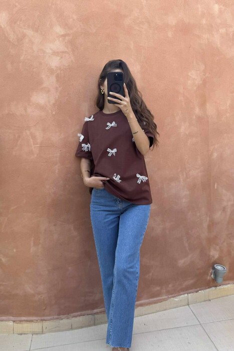 RIBBON DETAILS ONE COLOR WOMEN T-SHIRT BROWN/KAFE - 5