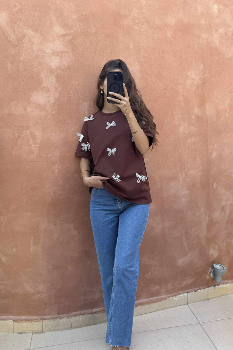 RIBBON DETAILS ONE COLOR WOMEN T-SHIRT BROWN/KAFE - 5
