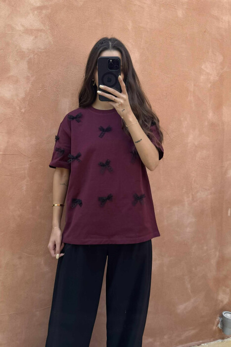 RIBBON DETAILS ONE COLOR WOMEN T-SHIRT BURGUNDY/VISHNJE 