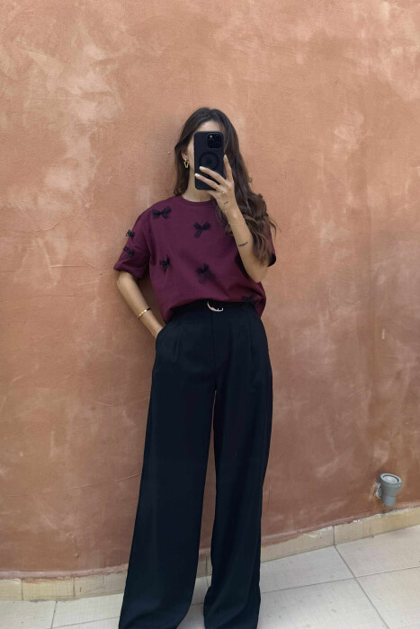 RIBBON DETAILS ONE COLOR WOMEN T-SHIRT BURGUNDY/VISHNJE - 3