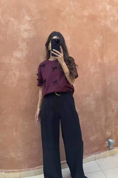 RIBBON DETAILS ONE COLOR WOMEN T-SHIRT BURGUNDY/VISHNJE - 4