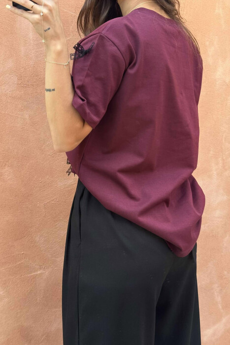RIBBON DETAILS ONE COLOR WOMEN T-SHIRT BURGUNDY/VISHNJE - 5