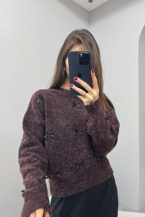 RIBBON DETAILS ROUND NECK WOMEN SWEATER IN BROWN COLOR 